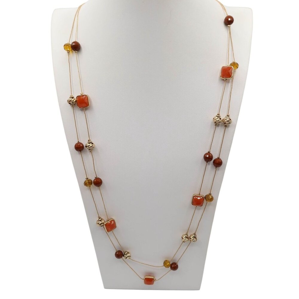 CHARMING CHARLIE Burnt Orange Gold Tone Beaded Station Necklace Earring Set NEW
